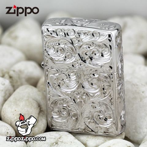 Bật lửa Zippo chính hãng nguyên khối bạch kim khắc hoa văn nổi