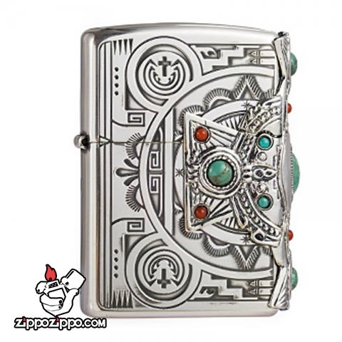 Bật lửa Zippo chính hãng Bạc nguyên khối đính Ngọc