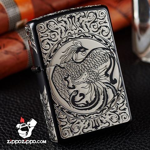 Bật lửa Zippo chính hãng  Bạc đen khắc hình Phượng Hoàng