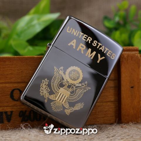 bật lửa zippo đen bóng khắc logo united states ARMY  mạ vàng