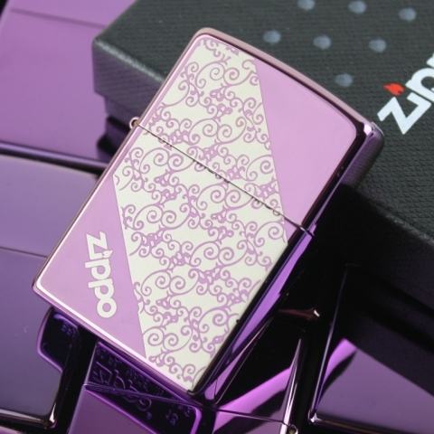 Bật lửa Zippo gương tím in hình hoa văn vát 2 đầu