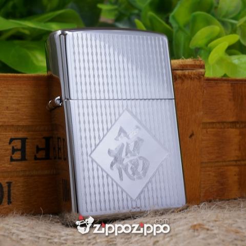 bật lửa zippo mầu bạc khắc chữ phúc