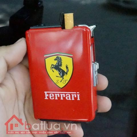 Hộp đựng thuốc lá đa năng đẩy thuốc kiêm bật lửa logo xe hơi FERRARI màu đỏ