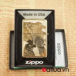 Zippo chính hãng đồng vàng khắc 2 mặt cờ mỹ - Mã SP: BL03079