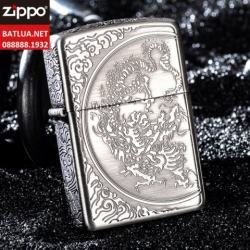 Zippo Chính Hãng Màu Bạc Khắc Họa Tiết Rồng Vân Xung Quanh - Mã SP: ZPC1114