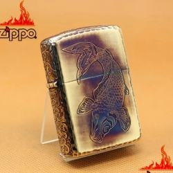 Zippo Chính Hãng Màu Vàng Đốt Khắc Cá Chép Cùng Hoa Văn Arab Vỏ Dày Armor - Mã SP: ZPC1099