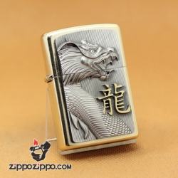 Zippo Chính Hãng màu Vàng Mặt Trước Đúc Hình Rồng Gào Thét - Mã SP: ZPC1039