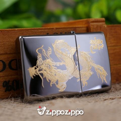 Zippo Màu Đen Bóng Khắc Mạ Vàng chạm khắc hình rồng