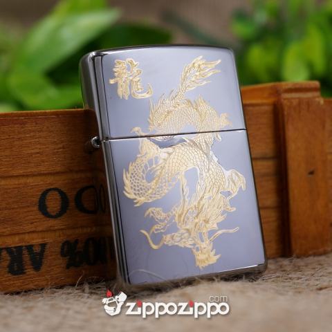 Zippo Màu Đen Bóng Khắc Mạ Vàng chạm khắc hình rồng