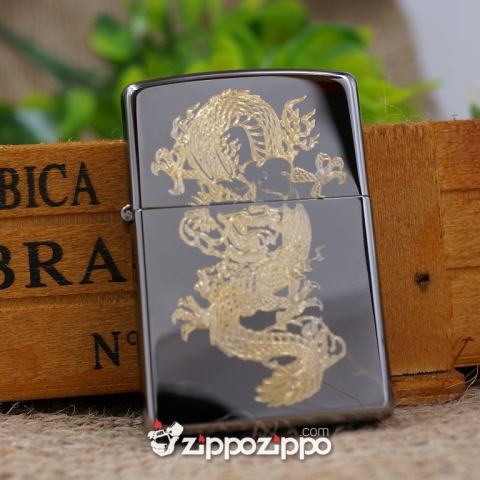 Zippo Màu Đen Bóng Chạm KHắc Hình Rồng Mạ Vàng