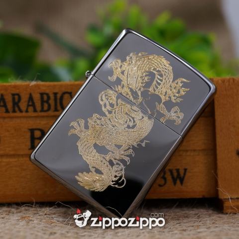 Zippo Màu Đen Bóng Chạm KHắc Hình Rồng Mạ Vàng