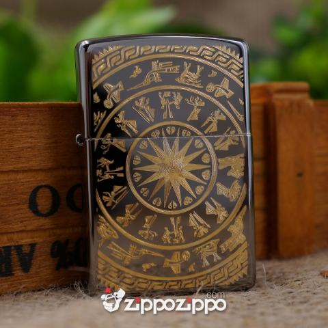 Zippo Màu Đen Bóng Khắc Hoa VĂn Trống Đồng Mạ Vàng