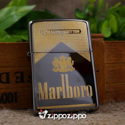 Zippo Màu Đen Bóng KHắc Logo Marlboro Mạ Vàng