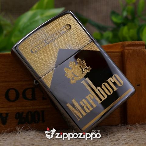 Zippo Màu Đen Bóng KHắc Logo Marlboro Mạ Vàng