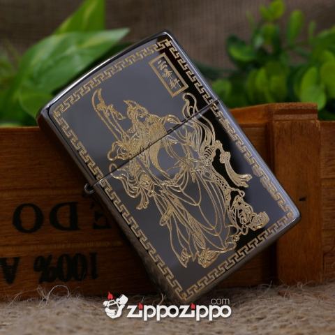 Zippo MÀu đen Bóng KHắc Quan Vân Trường Mạ VÀng